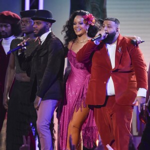 Bryson Tiller, Rihanna et DJ Khaled aux 60e Grammy Awards à New York. Le 28 janvier 2018.