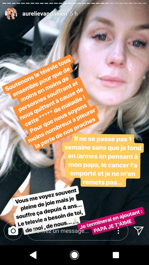 Aurélie Van Daelen en larmes, Insta Story, mars 2018