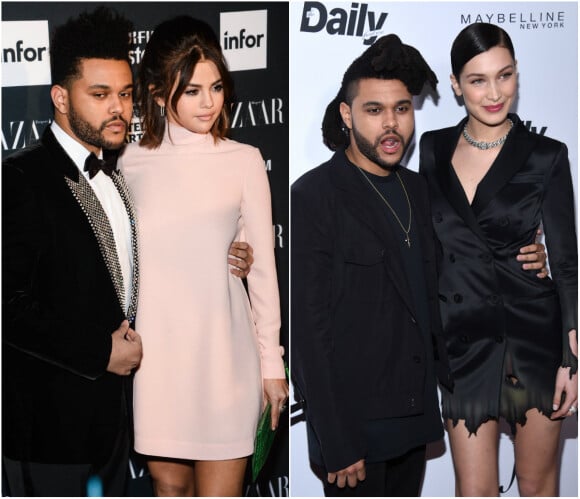 The Weeknd : à gauche avec Selena Gomez en septembre 2017, à droite avec Bella Hadid en mars 2016.