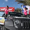 Pauline Ducruet et Schanel Bakkouche au départ du 28e Rallye Aïcha des Gazelles du Maroc sur la Promenade des Anglais à Nice le 17 mars 2018.
