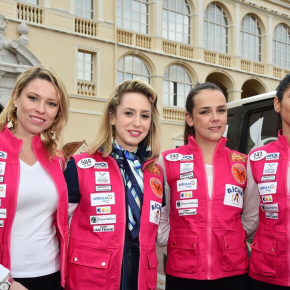 Kiera Chaplin, Jazmin Grace Grimaldi, Pauline Ducruet et Schanel Bakkouche sur la place du palais princier à Monaco le 17 mars 2018 au moment de partir pour Nice et la ligne de départ du 28e Rallye Aïcha des Gazelles du Maroc. © Bruno Bebert/Bestimage