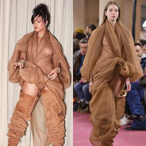 Rihanna porte un look Y/PROJECT, collection prêt-à-porter automne-hiver 2018-2019.