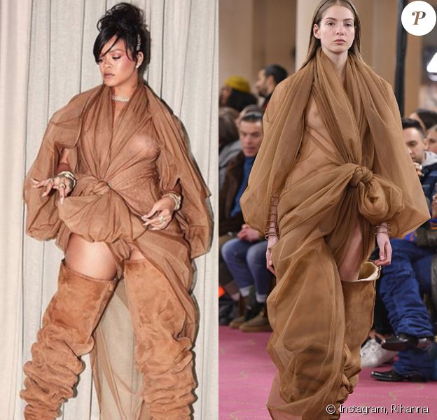 Rihanna porte un look Y/PROJECT, collection prêt-à-porter automne-hiver 2018-2019.