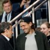 Nicolas Sarkozy et Lucas Pouille dans les tribunes du Parc des Princes lors du match du Paris Saint-Germain (PSG) contre l'En Avant Guingamp (EAG) à Paris, le 29 avril 2018 (score final : 2-2). © Cyril Moreau/Bestimage