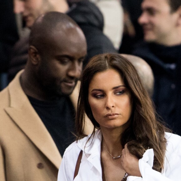 Malika Ménard et, derrière elle, Virgil Abloh dans les tribunes du Parc des Princes lors du match du Paris Saint-Germain (PSG) contre l'En Avant Guingamp (EAG) à Paris, le 29 avril 2018 (score final : 2-2). © Cyril Moreau/Bestimage