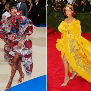 Rihanna au Met Gall en 2017 (gauche) et 2015 (droite) à New York.