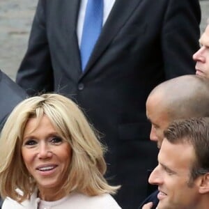 Le président de la République française Emmanuel Macron, sa femme la Première Dame Brigitte Macron (Trogneux) et la chancelière fédérale d'Allemagne Angela Merkel - Le président de la République française reçoit le prestigieux prix Charlemagne en présence des anciens lauréats du prix, à Aix-la-Chapelle, Allemagne, le 10 mai 2018. © Stéphane Lemouton/Bestimage