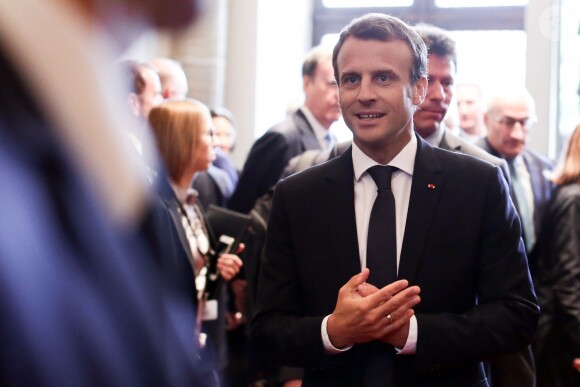 Le président de la République française Emmanuel Macron - Entretien trilatérale du Président de la République française, la chancelière allemande et le président de la République d'Ukraine à la mairie d'Aix-la-Chapelle, Allemagne, le 10 mai 2018. © Stéphane Lemouton/Bestimage