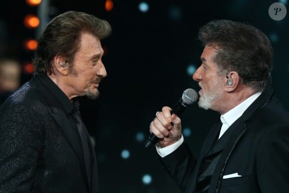 Exclusif - Eddy Mitchell et Johnny Hallyday - Enregistrement de l'émission "Johnny, la soirée événement", pour TF1, décembre 2014