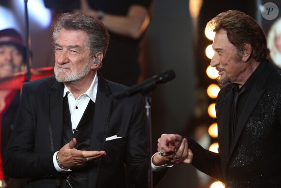 Exclusif - Eddy Mitchell et Johnny Hallyday - Enregistrement de l'émission "Johnny, la soirée événement", pour TF1, décembre 2014