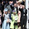 La reine Elizabeth II, le duc d'Edimbourg et la famille royale au mariage du prince Harry et de Meghan Markle le 19 mai 2018 à Windsor.