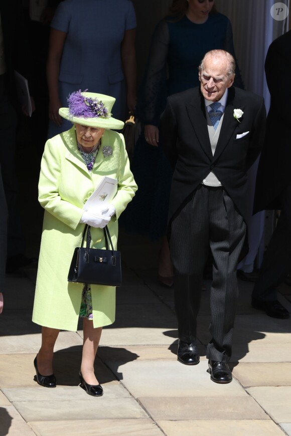 La reine Elisabeth II d'Angleterre, Le prince Philip, duc d'Edimbourg - Les invités à la sortie de la chapelle St. George au château de Windsor, Royaume Uni, le 19 mai 2018.