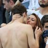 L'ex-Miss France Rachel Legrain-Trapani félicite son compagnon Benjamin Pavard après la victoire de la France face à l'Argentine lors des 8ème de finale de la Coupe du monde à Kazan en Russie le 30 juin 2018. © Cyril Moreau/Bestimage  Former Miss France Rachel Legrain-Trapani congratulates her buddy Benjamin Pavard after France's victory against Argentina in the World Cup 8th finals in Kazan, Russia on June 30, 201830/06/2018 - Kazan