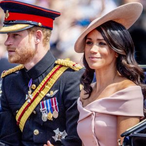 Le prince Harry, duc de Sussex, et Meghan Markle, duchesse de Sussex - Les membres de la famille royale britannique lors du rassemblement militaire "Trooping the Colour" (le "salut aux couleurs"), célébrant l'anniversaire officiel du souverain britannique. Cette parade a lieu à Horse Guards Parade, chaque année au cours du deuxième samedi du mois de juin. Londres, le 9 juin 2018.