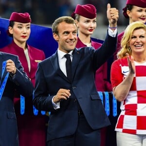 Vladimir Poutine, le président Emmanuel Macron et la présidente Croate Kolinda Grabar-Kitarovic - Finale de la Coupe du Monde de Football 2018 en Russie à Moscou, opposant la France à la Croatie (4-2) le 15 juillet 2018 © Moreau-Perusseau / Bestimage Final of the 2018 Football World Cup in Russia in Moscow, opposing France to Croatia (4-2) on July 15, 2018 - Finale de la Coupe du Monde de Football 2018 en Russie à Moscou, opposant la France à la Croatie (4-2) le 15 juillet 2018 © Moreau-Perusseau / Bestimage