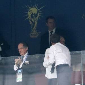 Noël Le Graët, président de la FFF, la première dame Brigitte Macron et son mari le président français Emmanuel Macron - People au stade Loujniki lors de la finale de la Coupe du Monde de Football 2018 à Moscou, opposant la France à la Croatie à Moscou le 15 juillet 2018 © Cyril Moreau/Bestimage