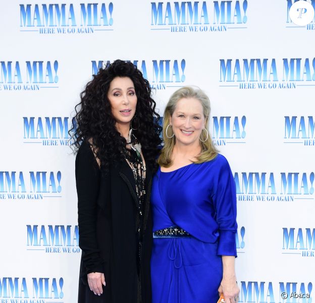 Cher et Meryl Streep  à la première de "Mamma Mia! Here We Go Again" au cinéma Eventim Apollo à Londres, le 16 juillet 2018.