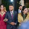 Neymar, accompagné d'une amie, arrive au mariage de Samara Costa et Marcio Spinelli à Sao Paulo au Brésil, le 26 juillet 2018.