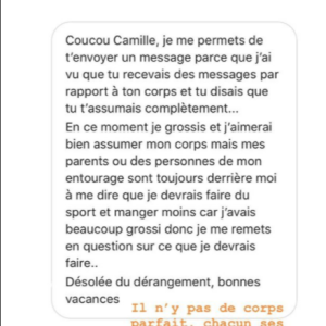 Camille Cerf assume ses "défauts" sur Instagram, le 12 août 2018. Ici le message d'une admiratrice.