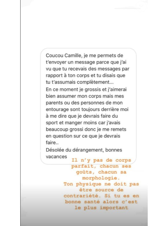 Camille Cerf assume ses "défauts" sur Instagram, le 12 août 2018. Ici le message d'une admiratrice.