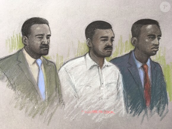 Croquis d'Elizabeth Cook du procès de Merse Dikanda, Jonathan Okigbo et George Koh, accusés du meurtre de Harry Uzoka. Londres, le 16 juillet 2018.