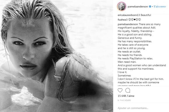 Pamela Anderson s'exprime sur le couple qu'elle forme avec le footballeur Adil Rami sur Instagram. Août 2018.
