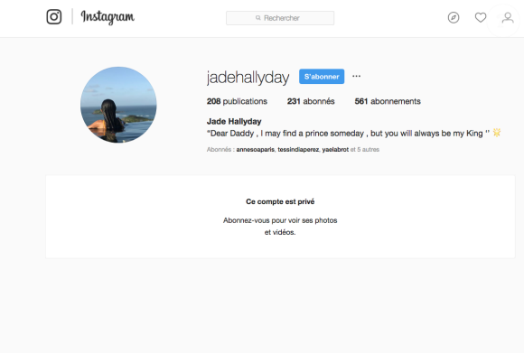 Capture d'écran du compte Instagram privé de Jade Hallyday