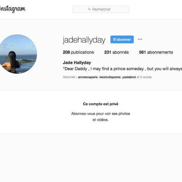 Capture d'écran du compte Instagram privé de Jade Hallyday