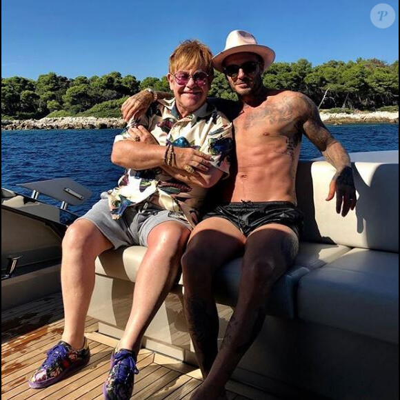 David Beckham sur la Côte d'Azur avec Elton John le 28 août 2018.