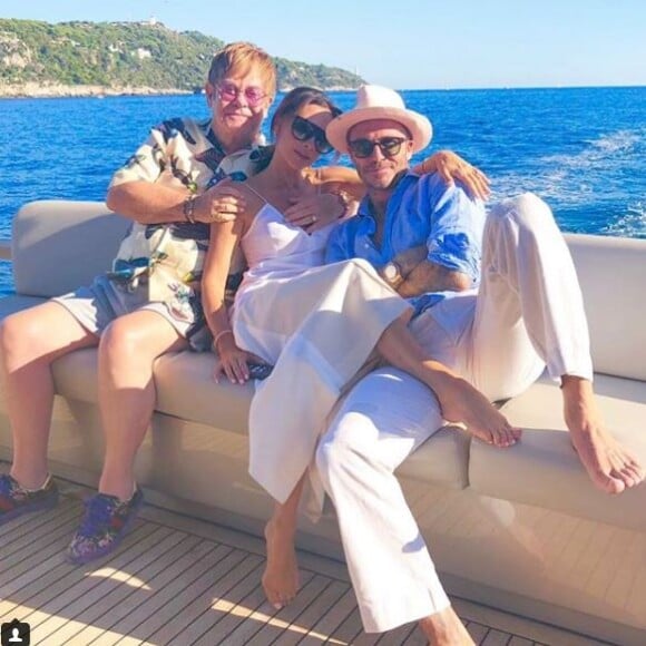 Elton John avec Victoria et David Beckham sur la Côte d'Azur le 28 août 2018.