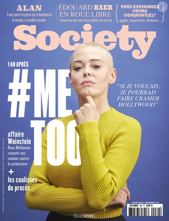 Couverture de Society avec Rose McGowan, en kiosques dès le 6 septembre 2018.