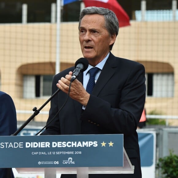 Claude, Didier Deschamps et Xavier Beck, le maire de Cap d'Ail, durant l'inauguration du Stade de football Didier Deschamps à Cap d'Ail le 12 septembre 2018. © Bruno Bebert / Bestimage