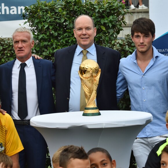 Xavier Beck, le maire de Cap d'Ail, Didier Deschamps, le prince Albert II de Monaco, Dylan Deschamps et Charles Ange Ginesy, le président du Conseil Départementale des Alpes Maritimes durant l'inauguration du Stade de football Didier Deschamps à Cap d'Ail le 12 septembre 2018. © Bruno Bebert / Bestimage