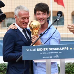 Didier et Dylan Deschamps durant l'inauguration du Stade de football Didier Deschamps à Cap d'Ail le 12 septembre 2018. © Bruno Bebert / Bestimage