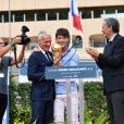 Claude, Didier, Dylan Deschamps et Xavier Beck, le maire de Cap d'Ail, durant l'inauguration du Stade de football Didier Deschamps à Cap d'Ail le 12 septembre 2018. © Bruno Bebert / Bestimage