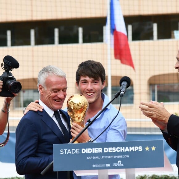 Claude, Didier, Dylan Deschamps et Xavier Beck, le maire de Cap d'Ail, durant l'inauguration du Stade de football Didier Deschamps à Cap d'Ail le 12 septembre 2018. © Bruno Bebert / Bestimage