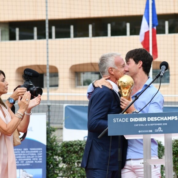 Claude, Didier, Dylan Deschamps et Xavier Beck, le maire de Cap d'Ail, durant l'inauguration du Stade de football Didier Deschamps à Cap d'Ail le 12 septembre 2018. © Bruno Bebert / Bestimage