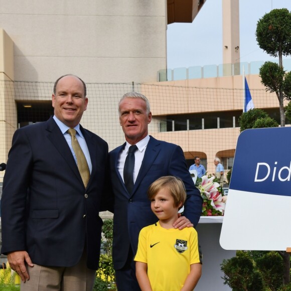 Le prince Albert II de Monaco, Didier Deschamps et Xavier Beck, le maire de Cap d'Ail, durant l'inauguration du Stade de football Didier Deschamps à Cap d'Ail le 12 septembre 2018. © Bruno Bebert / Bestimage