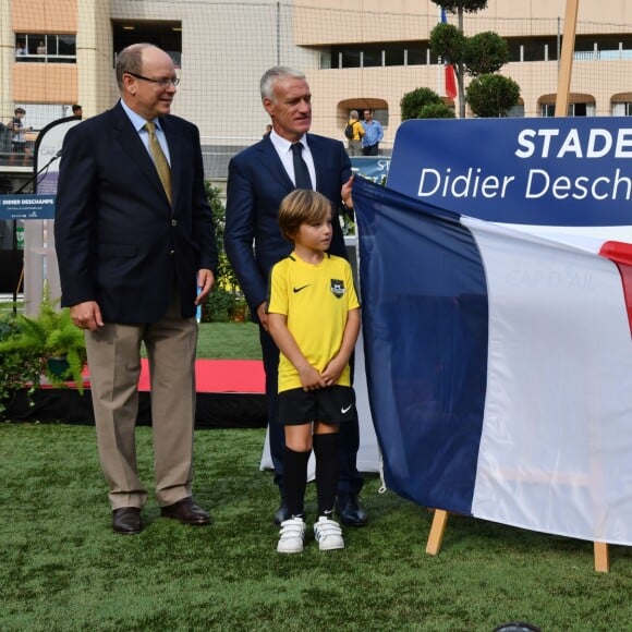 Le prince Albert II de Monaco, Didier Deschamps, Xavier Beck, le maire de Cap d'Ail, et Charles Ange Ginesy, le président du Conseil Départementale des Alpes Maritimes durant l'inauguration du Stade de football Didier Deschamps à Cap d'Ail le 12 septembre 2018. © Bruno Bebert / Bestimage