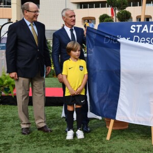 Le prince Albert II de Monaco, Didier Deschamps, Xavier Beck, le maire de Cap d'Ail, et Charles Ange Ginesy, le président du Conseil Départementale des Alpes Maritimes durant l'inauguration du Stade de football Didier Deschamps à Cap d'Ail le 12 septembre 2018. © Bruno Bebert / Bestimage