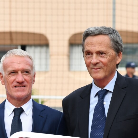 Dylan Deschamps, son père, Didier Deschamps, Xavier Beck, le maire de Cap d'Ail, et le prince Albert II de Monaco durant l'inauguration du Stade de football Didier Deschamps à Cap d'Ail le 12 septembre 2018. © Bruno Bebert / Bestimage