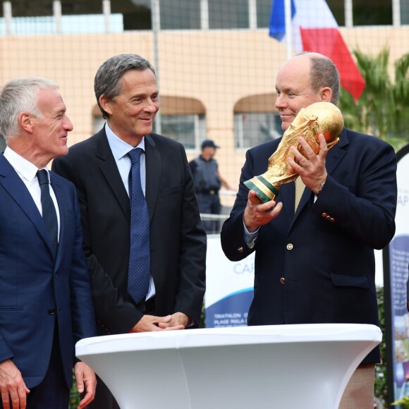 Didier Deschamps, Xavier Beck, le maire de Cap d'Ail, le prince Albert II de Monaco et Charles Ange Ginesy, le président du Conseil Départementale des Alpes Maritimes durant l'inauguration du Stade de football Didier Deschamps à Cap d'Ail le 12 septembre 2018. © Bruno Bebert / Bestimage