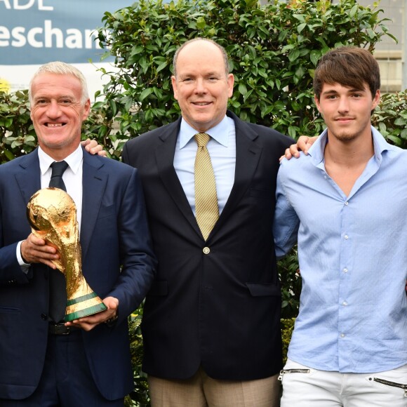 Xavier Beck, le maire de Cap d'Ail, Didier Deschamps, le prince Albert II de Monaco, Dylan Deschamps et Charles Ange Ginesy, le président du Conseil Départementale des Alpes Maritimes durant l'inauguration du Stade de football Didier Deschamps à Cap d'Ail le 12 septembre 2018. © Bruno Bebert / Bestimage