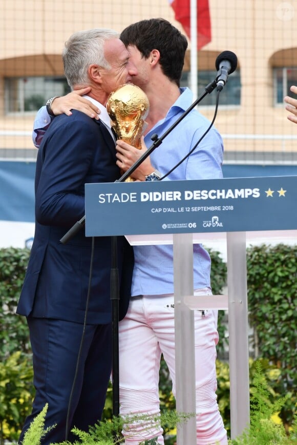 Didier Deschamps et son fils Dylan durant l'inauguration du Stade de football Didier Deschamps à Cap d'Ail le 12 septembre 2018. © Bruno Bebert / Bestimage