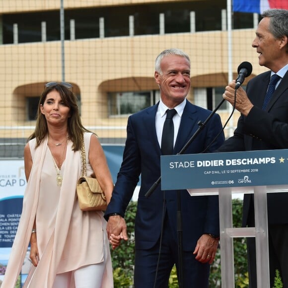 Claude, Didier Deschamps et Xavier Beck, le maire de Cap d'Ail, durant l'inauguration du Stade de football Didier Deschamps à Cap d'Ail le 12 septembre 2018. © Bruno Bebert / Bestimage