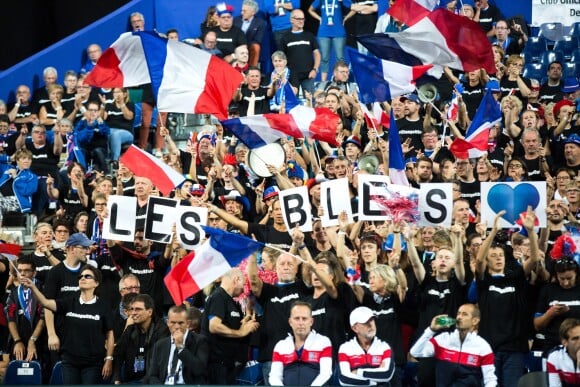 Les joueurs de tennis français Julien Benneteau et Nicolas Mahut opposés aux joueurs espagnols Marcel Granollers et Feliciano Lopez lors de la Demi finale double, de la Coupe Davis de tennis France / Espagne, remportée par la France: (6-0, 6-4, 7-6) à Villeneuve-d'Ascq, France, le 15 septembre 2018.