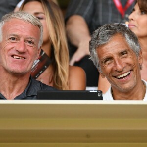 Didier Deschamps, Nagui, leurs femmes au second rang Mélanie Page, Claude Deschamps et des amis durant le Match de football de Ligue 1 opposant Monaco à Lille au stade Louis II le 18 août 2018.