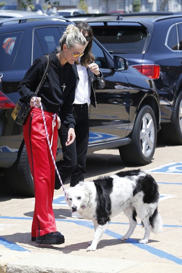 Laeticia Hallyday accompagnée de sa chienne Cheyenne va déjeuner avec Jean-François Piège et sa femme Elodie, Yaël Abrot, Christina accompagnée de sa chienne et Ezra Petronio avec sa compagne Lana Petrusevych au restaurant Nobu à Malibu le 10 mai 2018.
