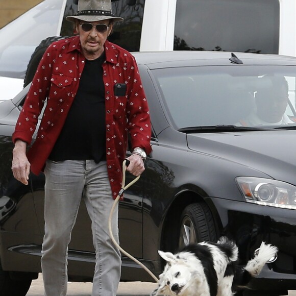 Johnny Hallyday arrive avec sa chienne Cheyenne pour aller déjeuner avec ses amis, P. Rambaldi et le musicien J.C. Sindres au restaurant Nobu dans le quartier de Malibu à Los Angeles, Californie, Etats-Unis, le 2 avril 2017.