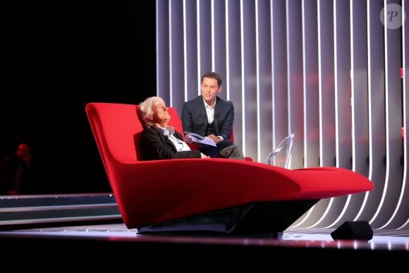 Exclusif - Marc-Olivier Fogiel et Dave, lors de l'enregistrement de l'émission Le Divan, le 4 mai 2015 (diffusée le 19 mai 2015, sur France 3).
